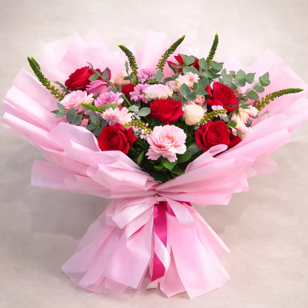 Pink Romance bouquet of red roses and pink carnations in soft pink wrapping