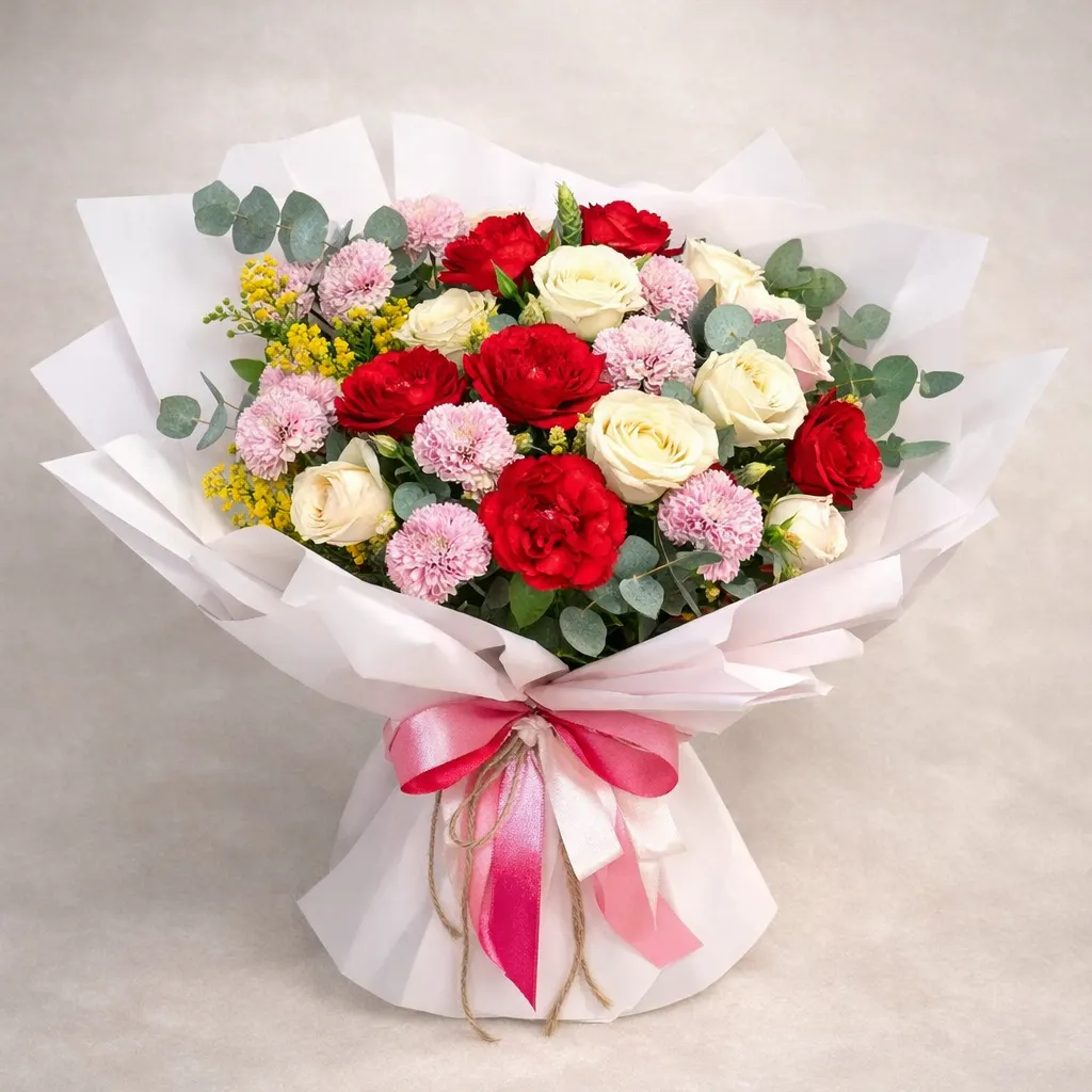 Sweet Harmony bouquet of red, white and pink roses with carnations in white wrapping