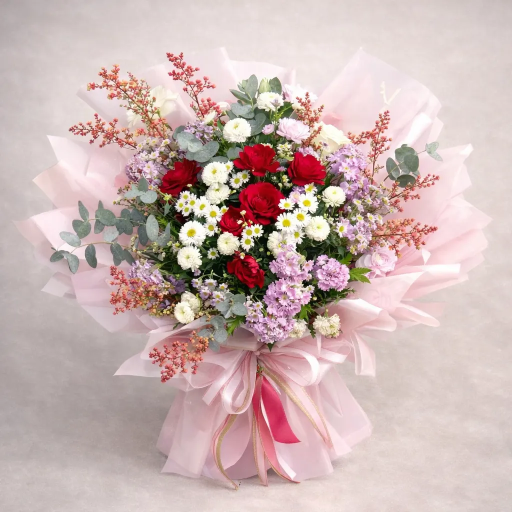 Spring Garden bouquet of red roses, white daisies and purple statice in pink wrapping