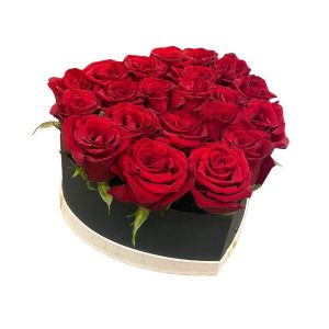 18 red roses arranged in a heart-shaped gift box