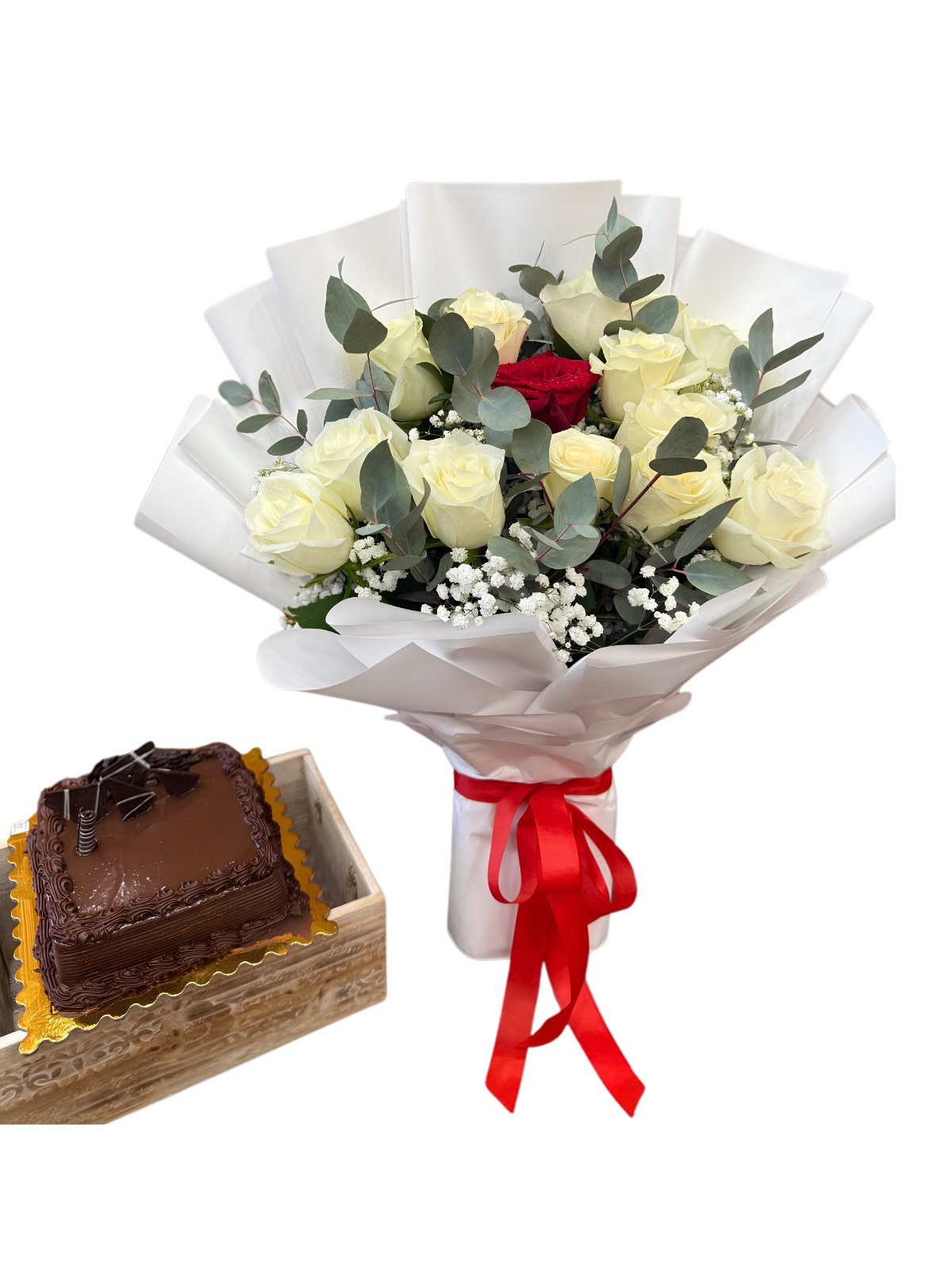 White and red rose bouquet with a chocolate cake in a wooden crate